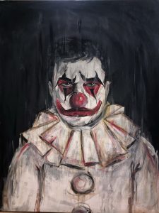 A painting of a menacing clown