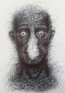 A biro portrait with very expressive lines and distorted face