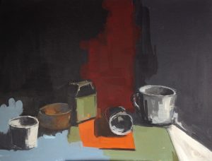 A still life painting on a dark background with muted tones