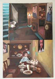 An acrylic painting in two halves showing disturbing interior scenes