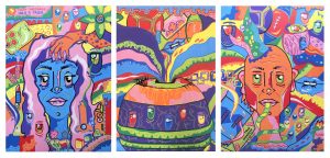 A triptych of colourful illustrations in acrylic pen showing two faces and an overflowing pot, addressing gender constructs.