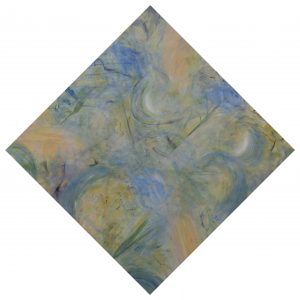 An abstract diamond shaped painting with tones of yellow and blue
