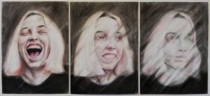 A triptych of portraits of a young woman that become progressively more blurred.