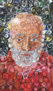 A portrait of an elderly man made with different beer and cider cans attached to it