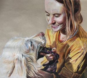 A portrait of a girl playing with a Labrador created using colouring pencils on tinted paper