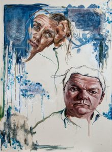 A portrait of a Mum and Dad that appears unfinished with a background painted blue in places