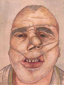 A watercolour painting of a man with a distorted face