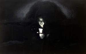 An acrylic painting on board of a young woman in darkness illuminated by the light from her phone