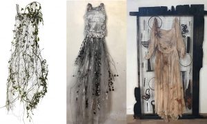 A triptych of three dresses, one made entirely from sweetpea flowers, one showing decay and another that has been given a rust effect and attached to a iron frame.