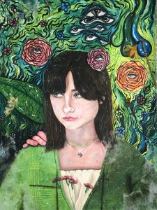 A painted portrait of a young woman with mid-length brown hair and blue eyes glancing to the side. She is wearing a green cardigan and there's a hand on her shoulder. In the background there are flowers, eyes and leaves.