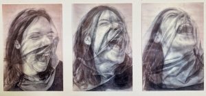 Three drawn portraits in graphite of a young girl screaming. Her head is covered by transparent fabric. 