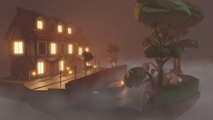 A digital image of a stylised old street during a misty dark night. Lights are on in the old building and across the street there is a river and a bank of trees and rocks. 