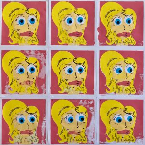 Twelve square images in a grid- showing a repeat portrait of a cartoon style character with big blonde hair, large blues and red lips. 