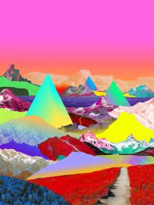 A digital landscape made of photographs of mountains and fields in bright colours. Inserted amongst these are triangles in purple, yellow, green, blue and the sky is pink.  