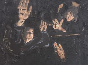 A painting of a couple of young women with their arms raised as if they are disappearing into the black background.  There is a single hand in the foreground. 