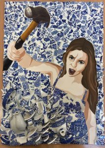 A mixed media painting of a girl with long brown hair shouting with a hammer in her hand. The back ground and some of the foreground is made of broken blue and white crockery.