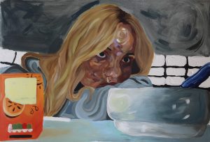 A painting of girl with blonde hair laying on her arm on a dining table. on the table in the foreground there is a bowl and a orange juice carton. 
