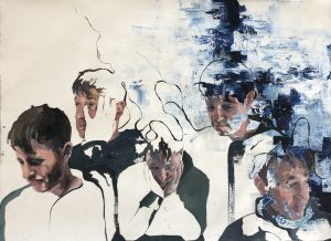 A landscape painting of the same young man from five different angles and poses. The faces are painted but the rest of painting is white with black lines coming off the figures. To the right side of the canvas blue paint has been dragged into the white. 