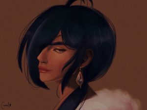 A digital painting of a feminine appearing character- side profile with black/purple hair covering one eye and low ponytail with a gold and blue earring. 