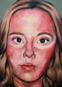 A large painted portrait of a girl with blonde hair and brown eyes