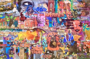 A large mixed media collage- including images of different kind of buildings, graffiti as well as painted areas