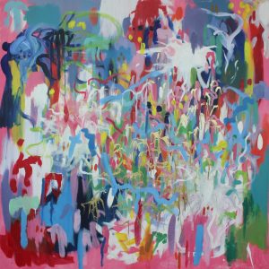 Large square canvas painting with layers of expressive markings in pink, blue, green, red, white, black, yellow and gold 