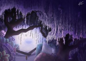 A landscape digital painting of a purple forest with a large tree with hanging leaves. At the bottom of the picture there is a small dog looking into the forest. 