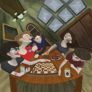 A painting of a group of friends laughing, drinking, playing chess around a table. The perspective is exaggerated so the room is at slanted angel. 