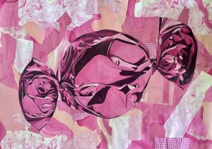 A painting of a single pink wrapped sweet on a pink mixed media background.