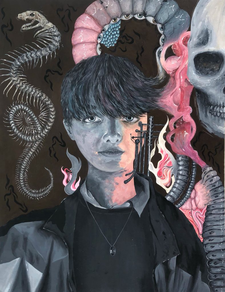 A painted surrealist portrait of a young person they have short hair and side swept fringe. They are facing the viewer with a neutral expression, they are mostly painted in greyscale with highlights in colour. One side of their face there are pipes coming out. In the background there is a human skull, pipes spewing out pink smoke/liquid, a worm-like body with eyes along the body and then a full skeleton of a snake. 