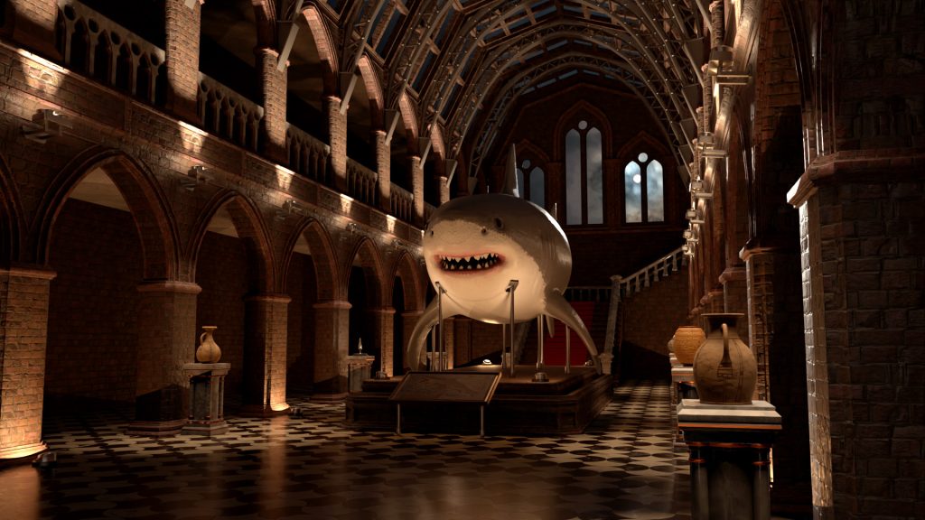 A computer generated scene of museum hall; the room has a high arched ceiling, there red brick arches lining the side of the main hall as well as the balcony above. Also lining the side of the hall are multiple stone plinths with various different types of jugs and vases. In the middle of the hall is a great white shark suspended above a plinth. 