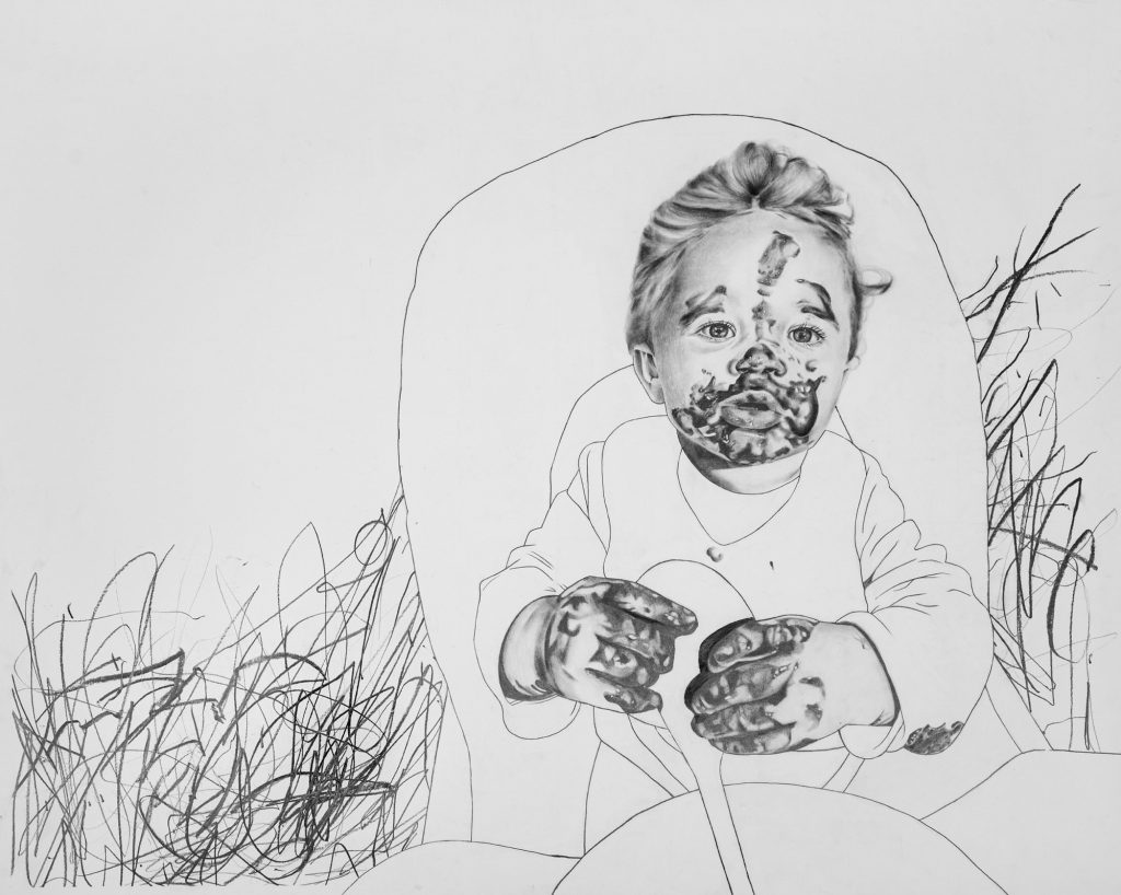 A detailed portrait of a baby in a highchair. They have food all over their face and hands, their are holding a large spoon. In the background are scribbled lines. 