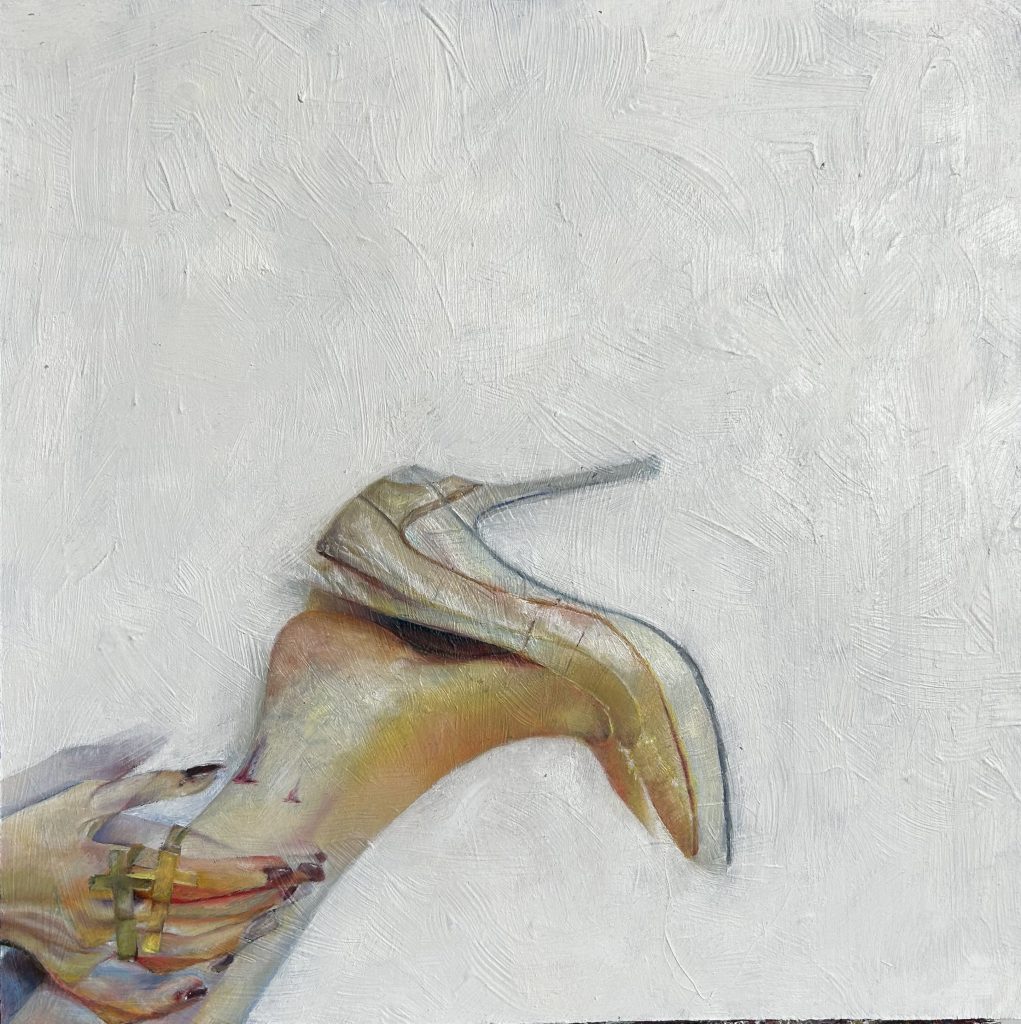 A painting of a high heeled foot and hand on a white background. The white high heel is coming off revealing the ankle. A hand with a gold cross ring is coming to wipe a small bloody cut just above the ankle. 
