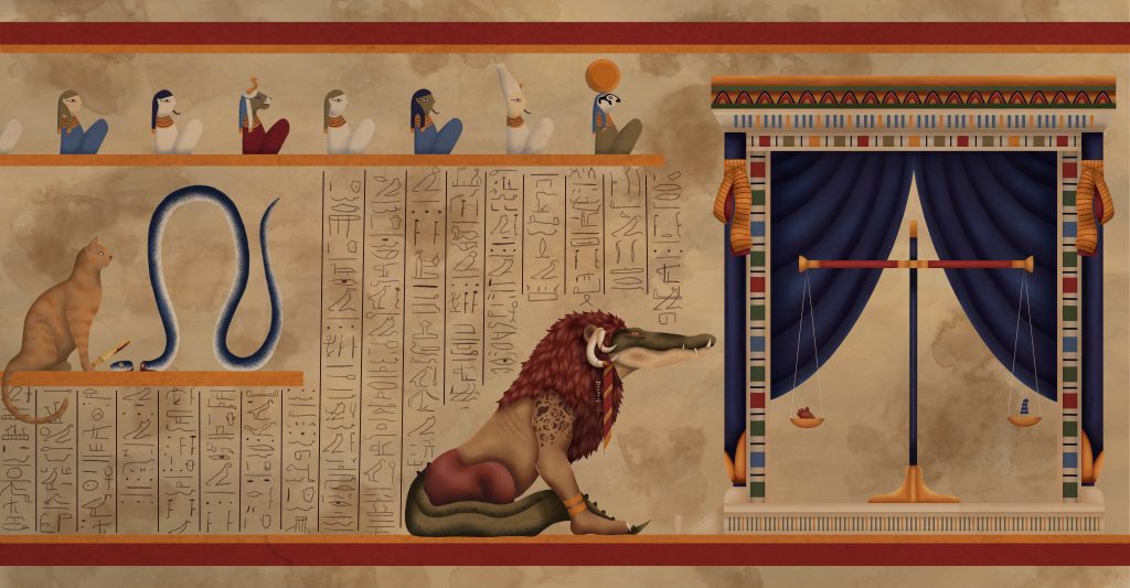 A computer generated image in the style of an Ancient Egyptian relief. There  are multiple small figures at the top of the page; some have human heads with headdresses, one has a lion head another a falcon. Below it is a cat holding a knife facing a snake which has had its head cut off. 
The main figure is of a creature with the head and tail of crocodile, a lion's mane and body and hind legs of a hippo. It is facing a large pair of scales with a canopy above. There is ancient Egyptian hieroglyphs around the figures. 