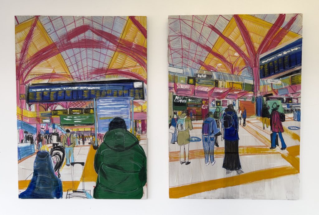 Two paintings of a busy train station. They are painted in a loose style in bright colours. 