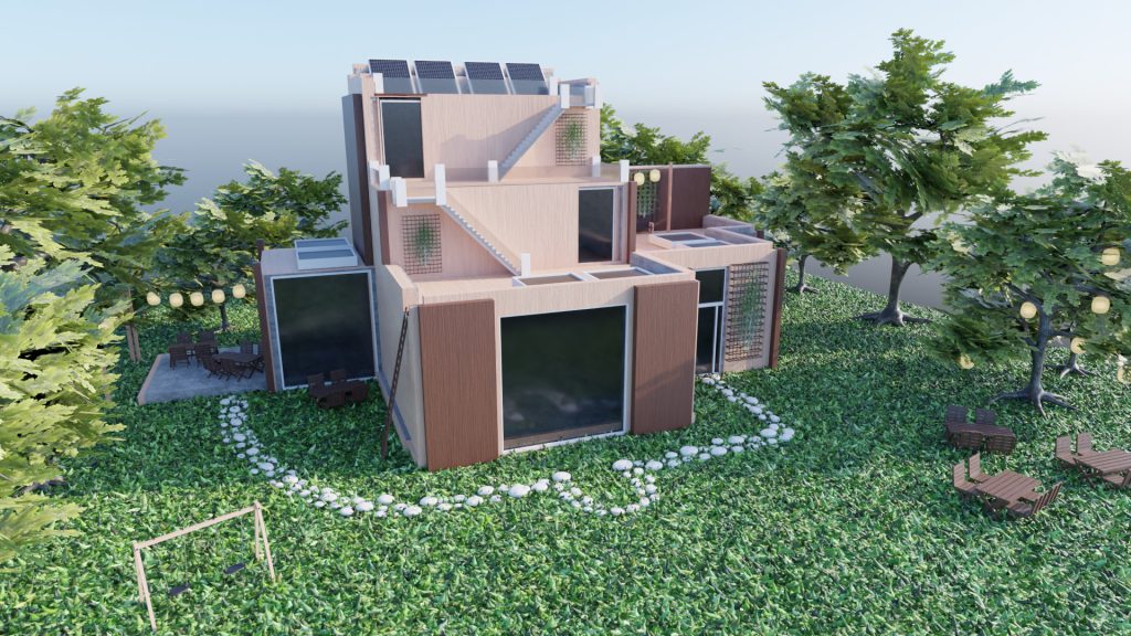 A 3D digital design of a modern style house; it has large glass windows, roof terraces and on the top terrace there are solar panels. The building is set in a green space with lots of trees with lanterns in them.  