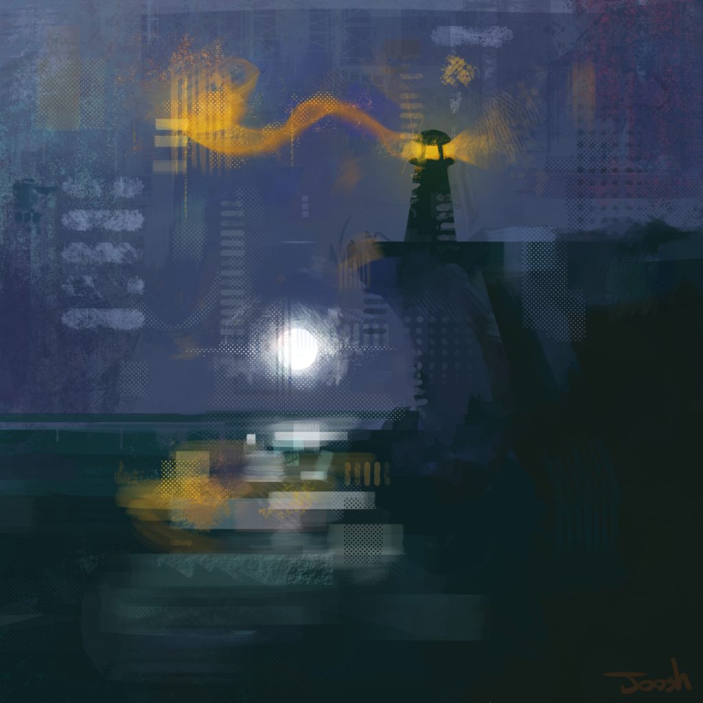A digital painting of a lighthouse on a cliff. Below the cliff the sea and the moon rising. 
