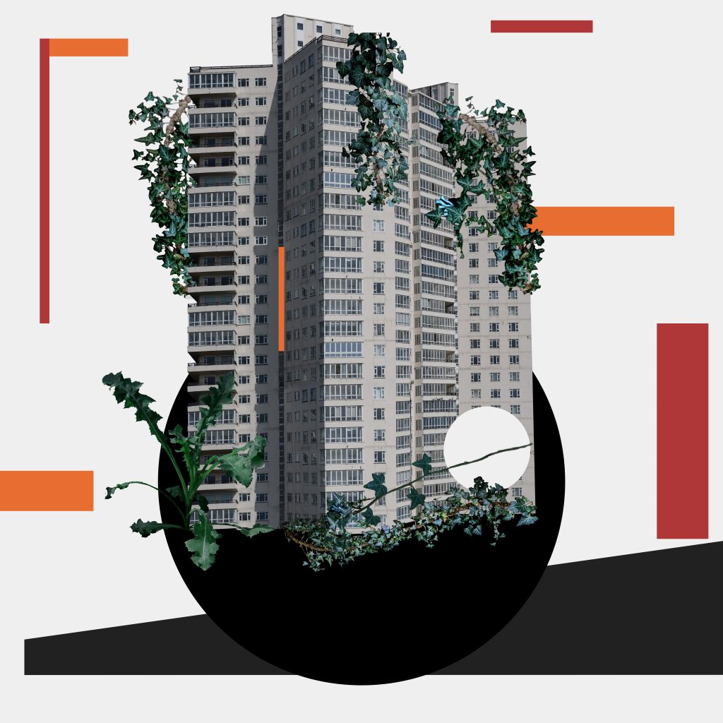 A digitally collage image of a high-rise building. Added on the building is some hanging plants. In the background is multiple shapes in different colours. 