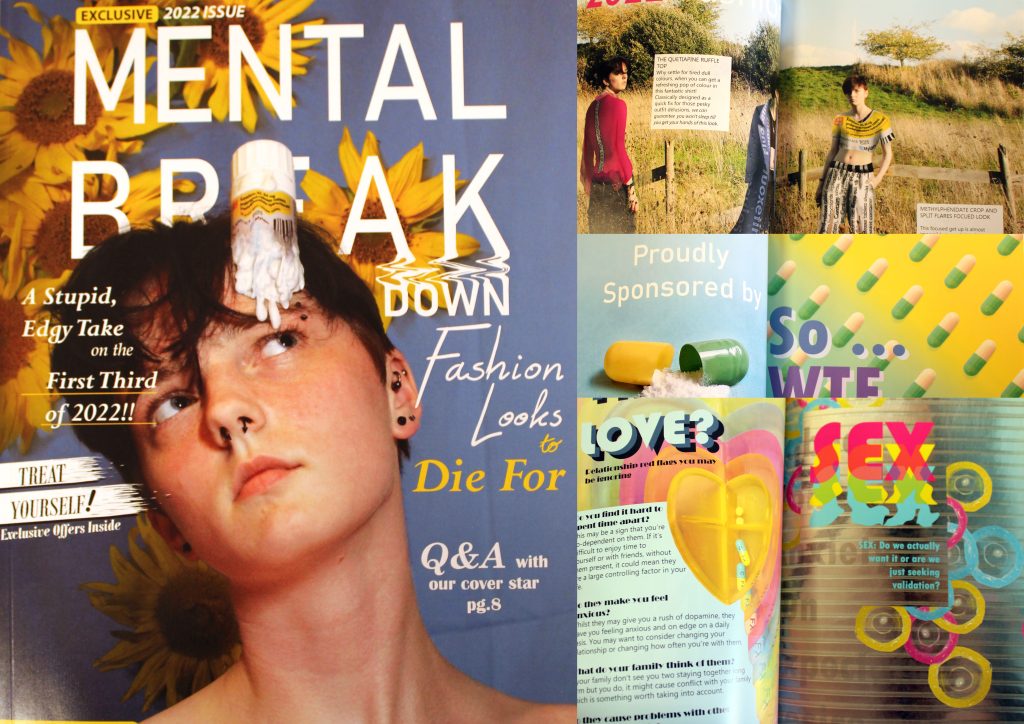 An image of multiple different pages of a magazine called Mental Break Down. 