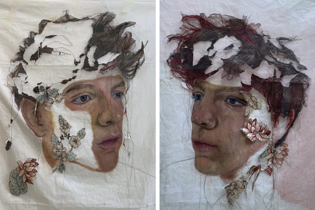Two mixed media portrait paintings of two young men on fabric. Their hair and some flowers have been sewed on. 