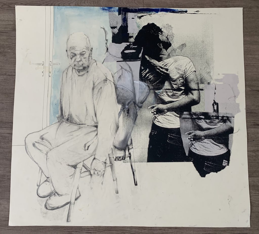 A collage drawing of a man sitting on a chair in pencil. In the background a picture of a man stretching, then layers of that same images are added on top then painting on. 