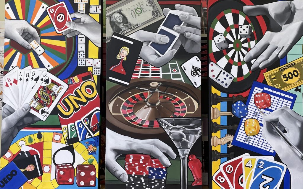 Three paintings of depicting different types of games. From board and card games and gambling. 
