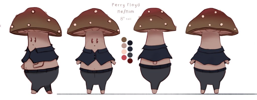 Cute illustrative digital drawing of a character who is shaped like a mushroom with a shirt and trousers. Drawn from different angles. His name is Perry Floyd. 
